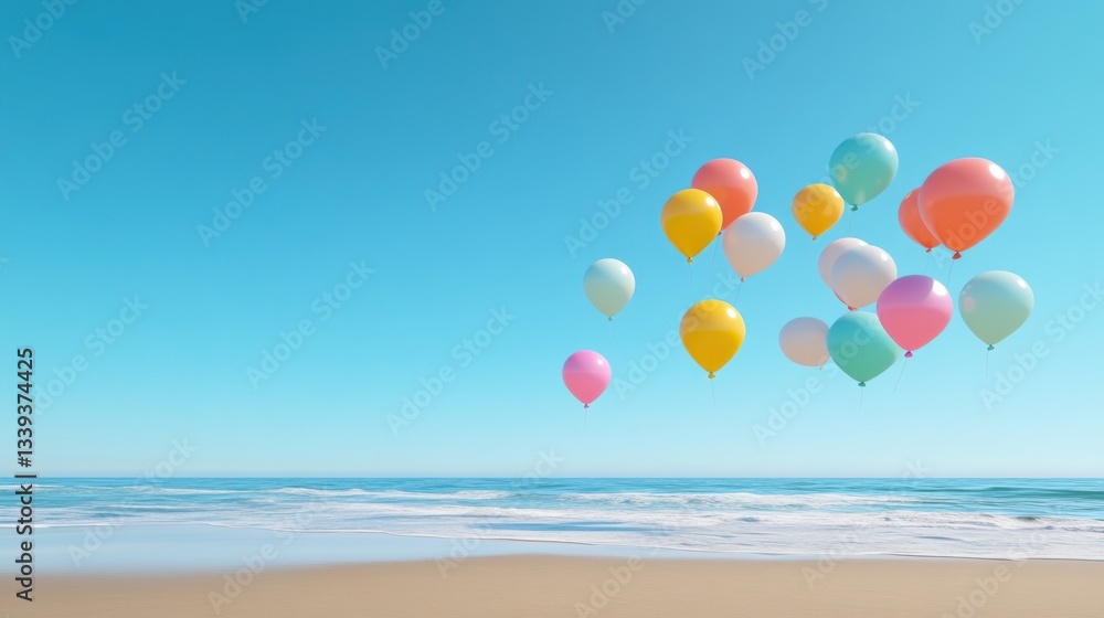 Fototapeta premium Pastel Balloons Floating Over a Serene Beach