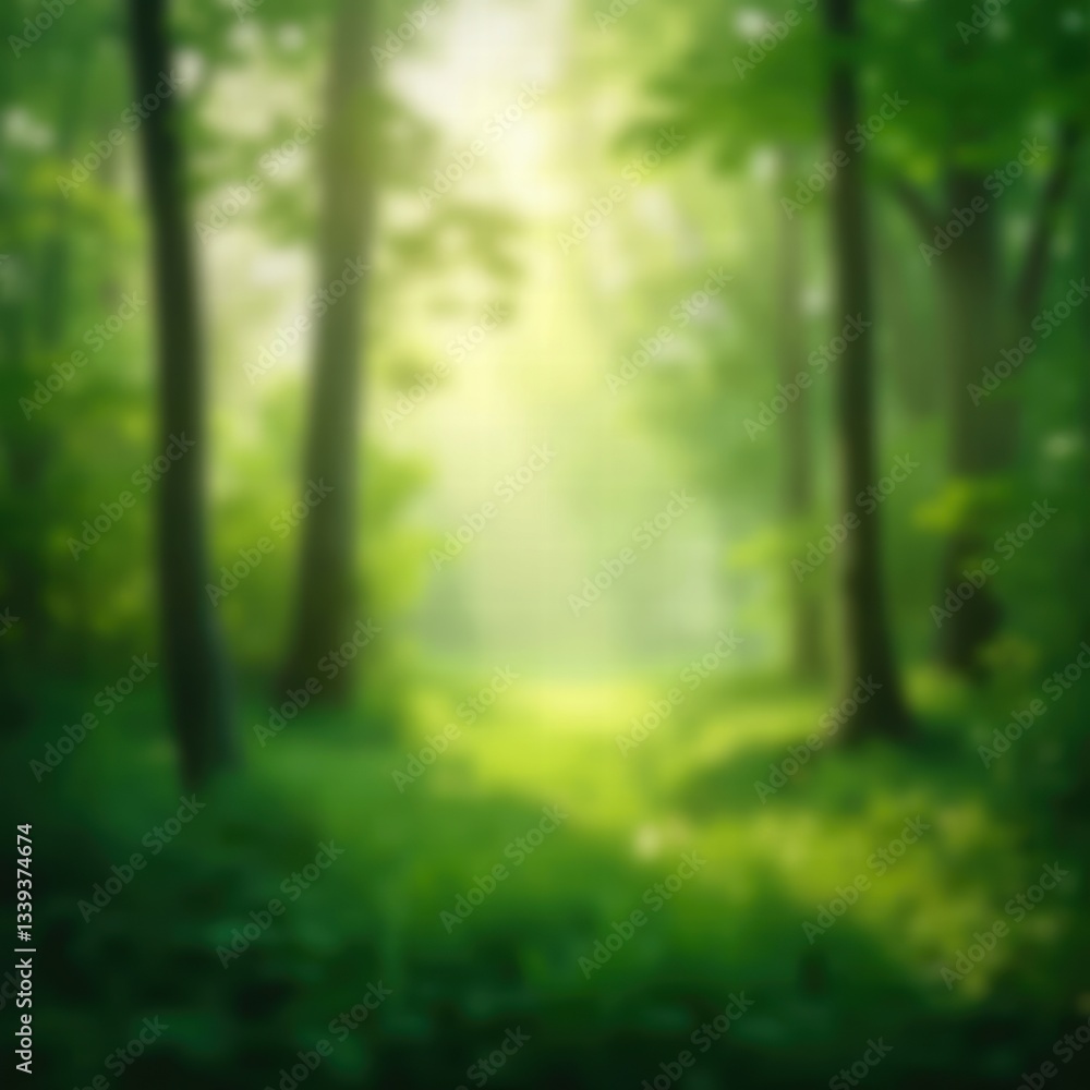 Naklejka premium A softly blurred background of a dense green forest, with sunlight filtering through tall trees. The light and shadow play creates a dreamy and peaceful ambiance