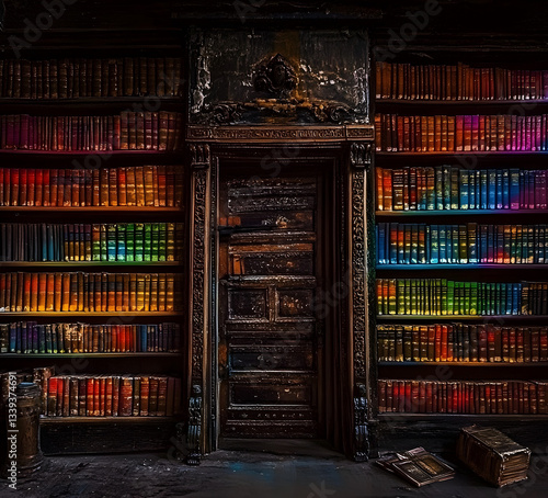 Wallpaper Mural A dark ornate doorway framed by shelves overflowing with vividly colored antique books in an expansive library. Torontodigital.ca