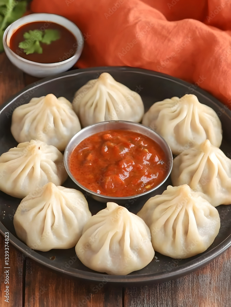Steaming dumplings arranged around bowls of dipping sauce on a dark plate complemented by a rustic wooden surface and orange fabric. Steaming dumplings arranged around bowls of dipping sauce on a dark plate complemented by a rustic wooden surface and orange fabric.