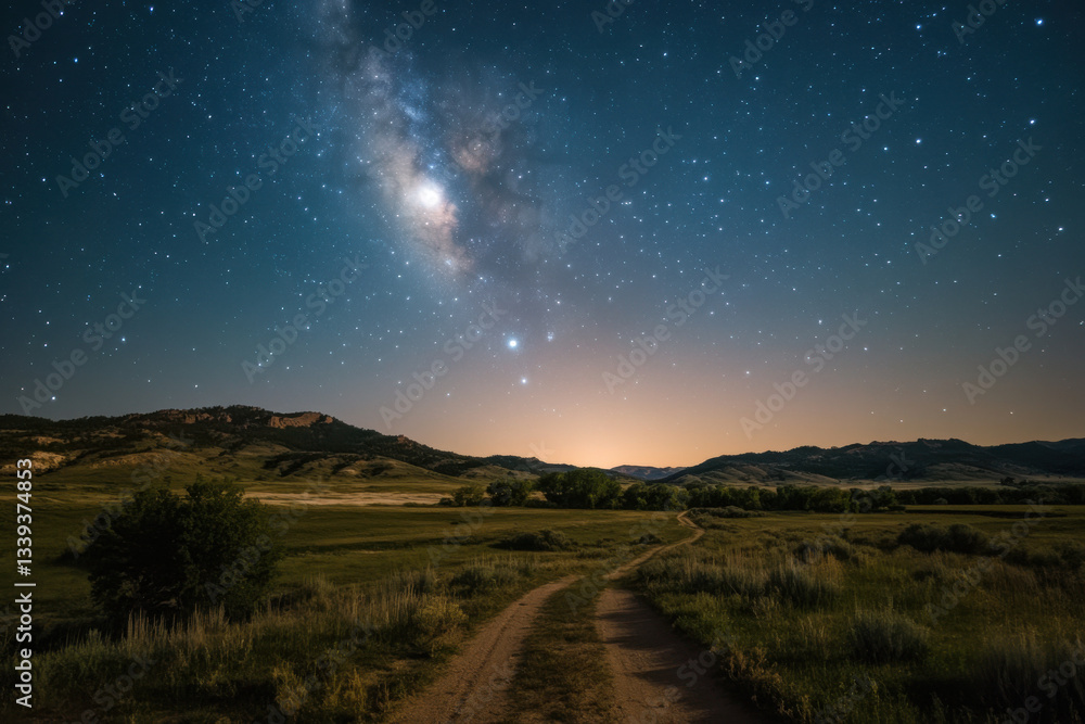 Fototapeta premium Dirt road leading into green valley under milky way and starry night sky