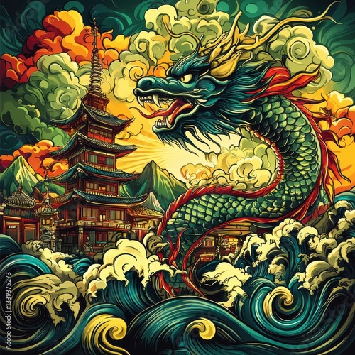 Wallpaper Mural A vibrant artistic depiction of a green dragon and a pagoda Torontodigital.ca