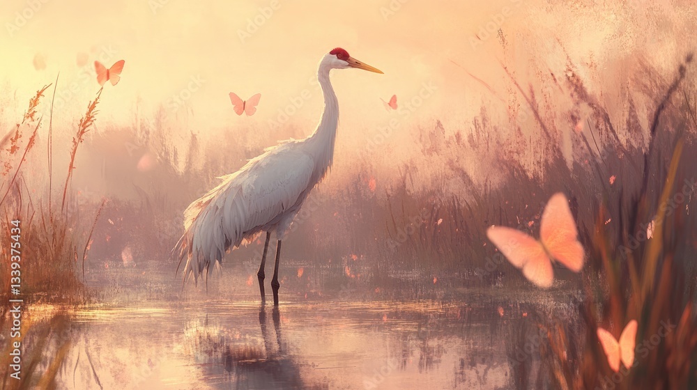 Fototapeta premium A graceful crane standing in a misty wetland, surrounded by soft pink butterflies.