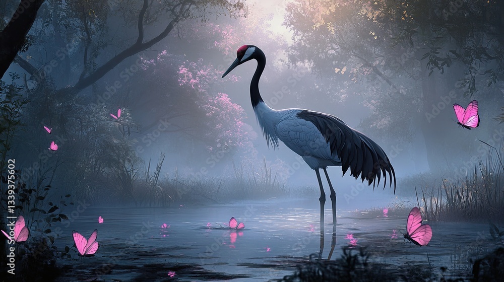 Fototapeta premium A graceful crane standing in a misty wetland, surrounded by soft pink butterflies.