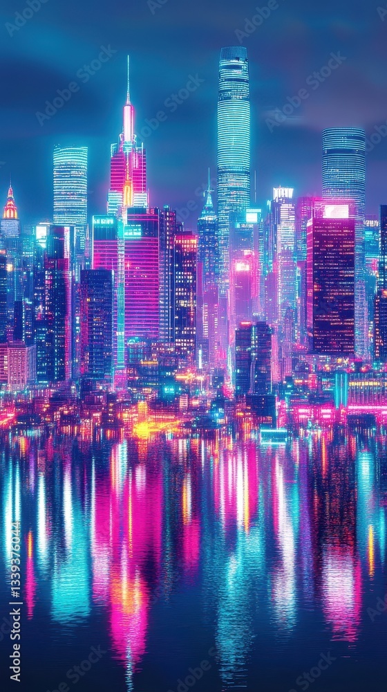 Fototapeta premium A vibrant neon cityscape reflecting in the dark tranquil water