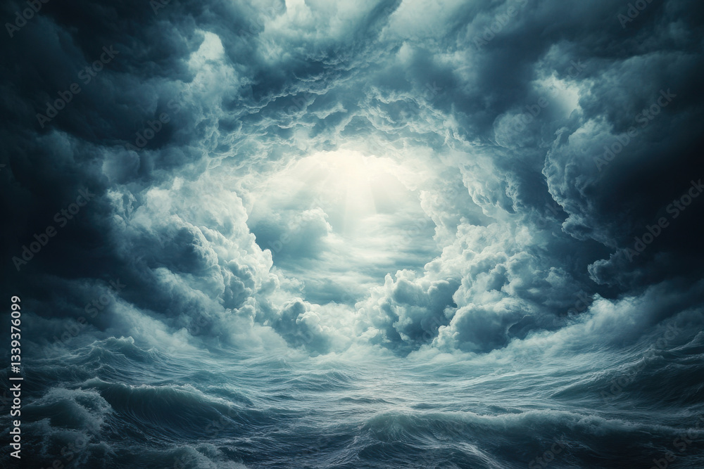 Obraz premium Dramatic ocean waves crashing under storm clouds and light rays