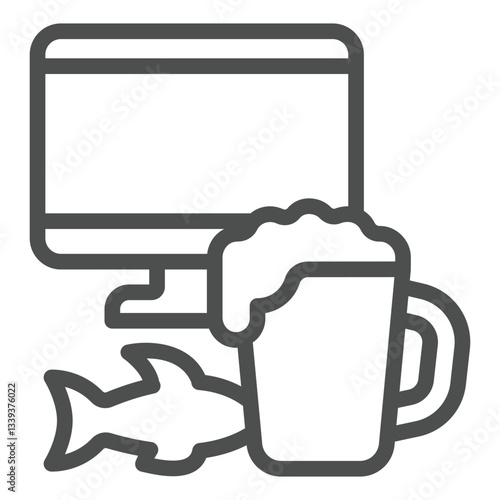 Beer mug and dryed fish at monitor line icon, fishery concept. Vector graphics. Fisher man joy drink sign on white background, outline style icon for mobile or web design.