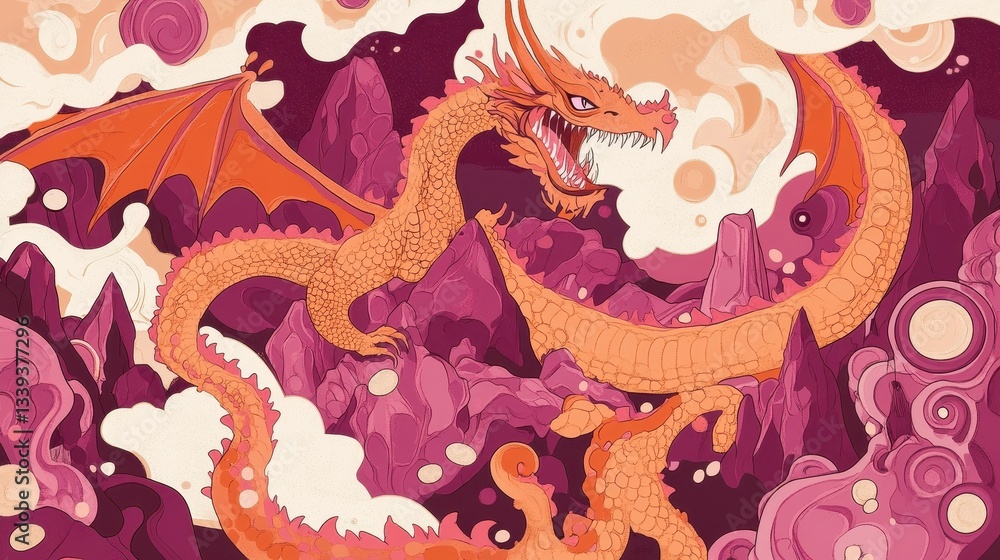 Fototapeta premium A fierce orange dragon with spread wings flies above mountains
