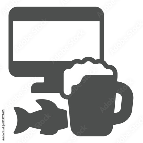 Beer mug and dryed fish at monitor solid icon, fishery concept. Vector graphics. Fisher man joy drink sign on white background, glyph style icon for mobile or web design.
