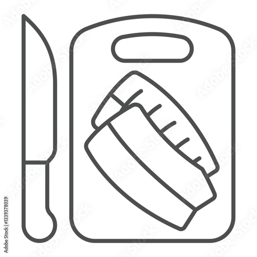 Fillet of fish on cutting board and knife thin line icon, fishery cooking concept. Vector graphics. Fresh fish sign on white background, outline style icon for mobile or web design.