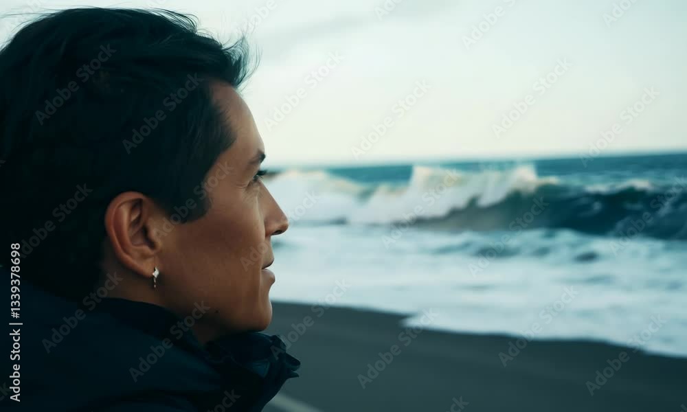 solo Tourist admiring ocean waves breaking on the beach solo Tourist admiring ocean waves breaking on the beach