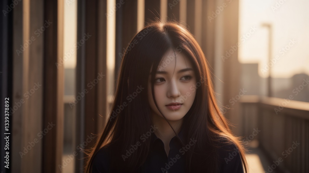 Pensive Asian Woman with Long Hair in Golden Hour Light on Bridge, Urban Setting Pensive Asian Woman with Long Hair in Golden Hour Light on Bridge, Urban Setting