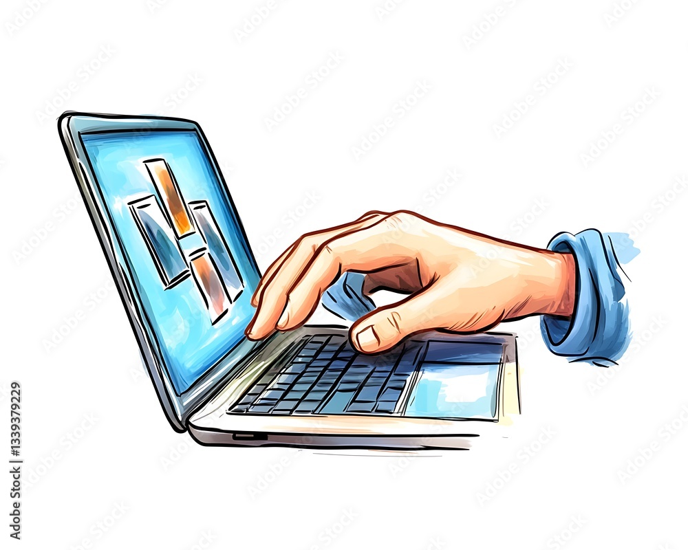 Hand using laptop, charts on screen, white background, digital work Hand using laptop, charts on screen, white background, digital work