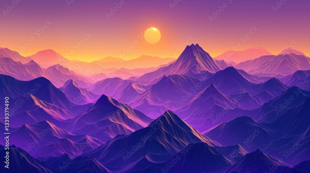 Fototapeta premium A breathtaking view of mountains at sunset, showcasing vibrant purple and orange hues illuminating the peaks and valleys. The warm glow of the sun sets the scene alive with color