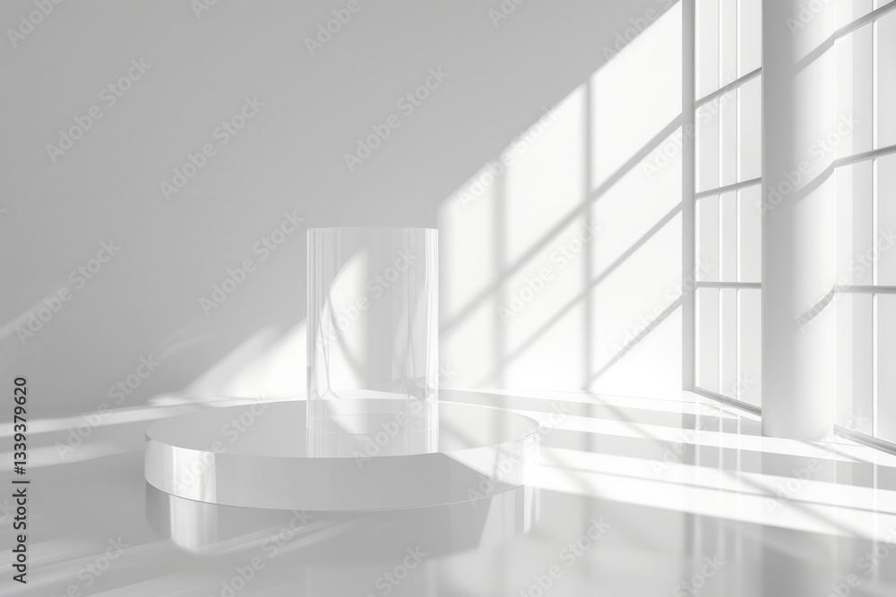 Fototapeta premium Circular white podium featuring a transparent cylindrical display in a bright, modern space. Soft geometric shadows and large windows enhance the aesthetic