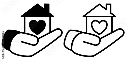 icon of hands holding a house with a heart sign, simple flat style, illustration, logo sign symbol pictogram template, for ui or ux isolated on white for mobile app, editable