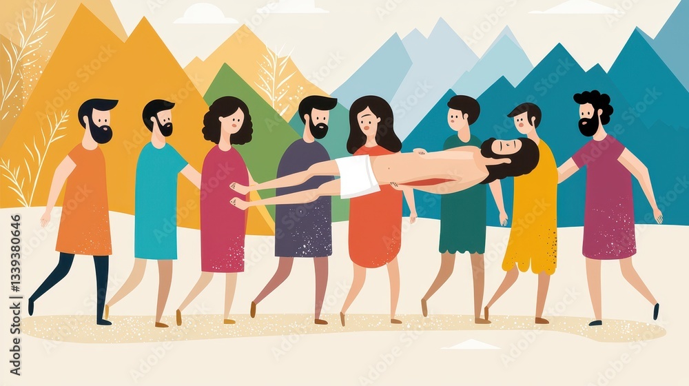 Symbolic Depiction of a Reverent Procession Carrying Figure Across a Landscape Symbolic Depiction of a Reverent Procession Carrying Figure Across a Landscape