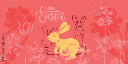 Red Easter banner design with hand drawn vector cute rabbit and doodle sketched flowers. Happy Easter design for banners, social media, invitations, web and print.