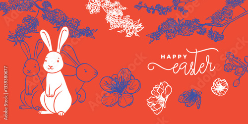 Red orange and blue Easter banner design with hand drawn vector cute cartoon rabbit and minimalist decorated eggs. Happy Easter design for banners, social media, invitations, web and print.