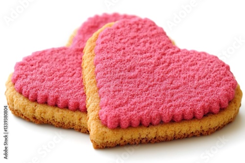 Delicious heart shaped cookies with pink frosting on white background