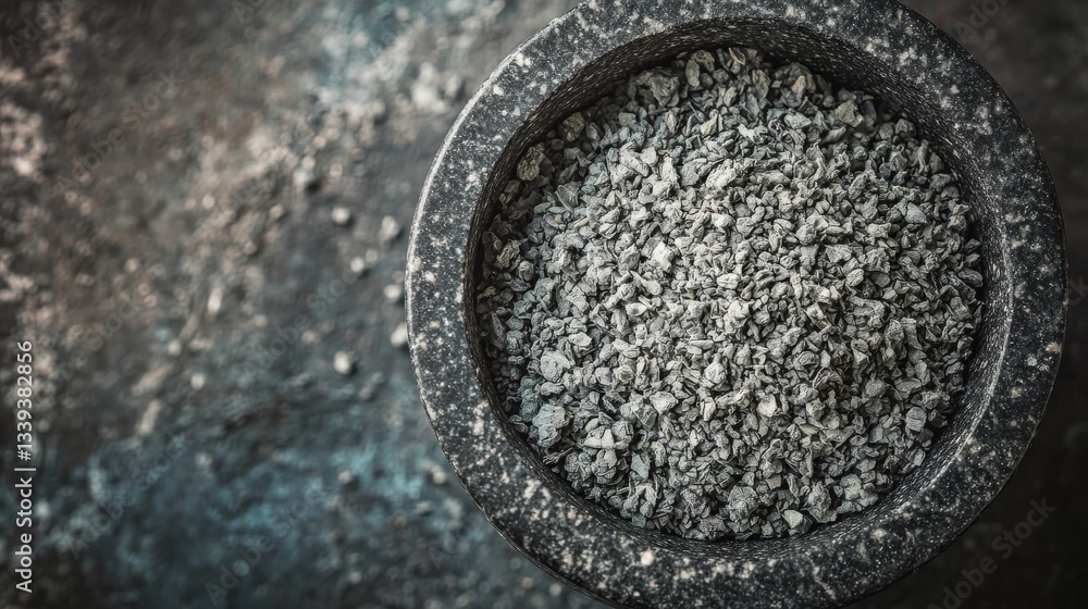 Granular Ash in Stone Bowl on Rustic Surface for Natural Products