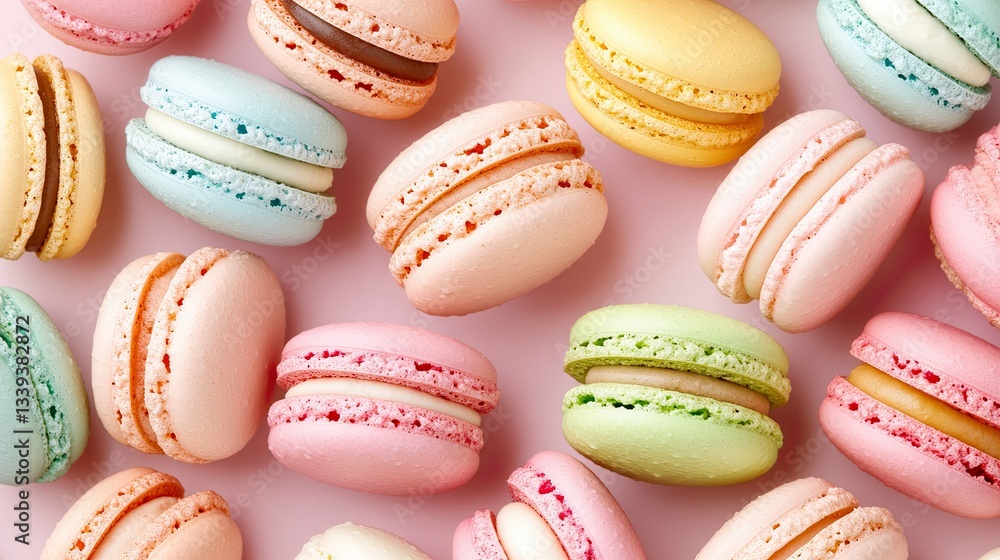 An enchanting display of multicolored macarons, thoughtfully arranged to highlight their playful charm and elegant design An enchanting display of multicolored macarons, thoughtfully arranged to highlight their playful charm and elegant design