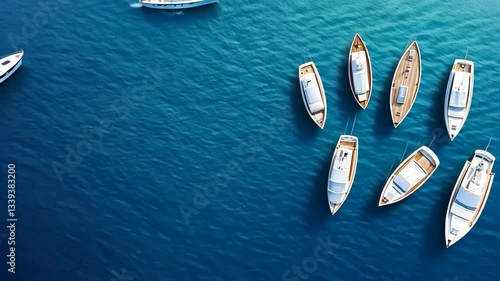 A collection of boats gently bobbing on the serene, crystal-clear blue water of a tranquil harbor under the midday sun