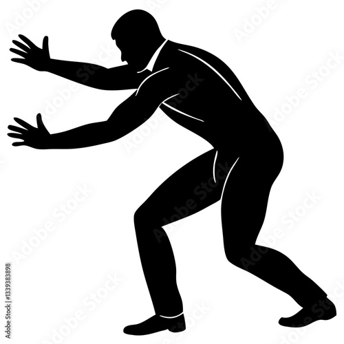 A minimalistic black and white line art illustration of a human figure in a dynamic pushing pose, centered on a white background 