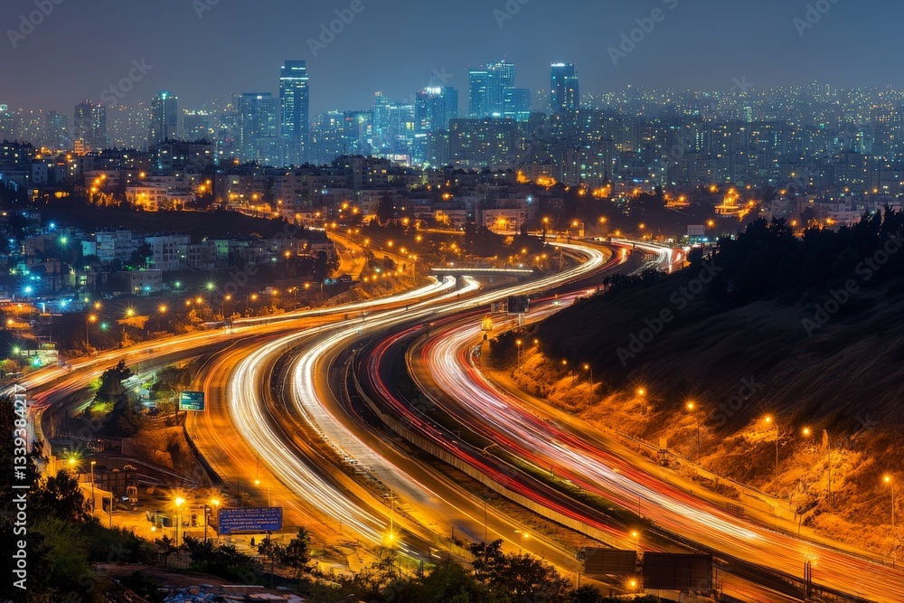 Fototapeta premium Night Cityscape with Light Trails on Urban Highway at Twilight