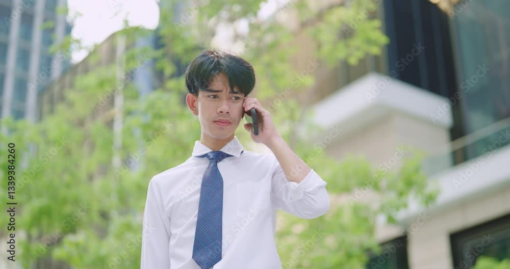 Young businessman taking a phone call outdoors, focused corporate communication. Young businessman taking a phone call outdoors, focused corporate communication.