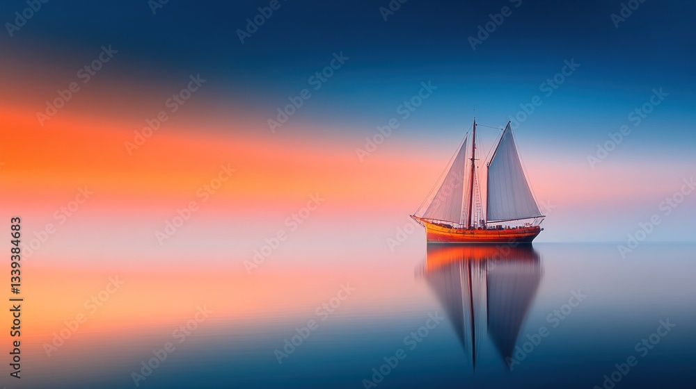 Fototapeta premium Serene Sunset Sailboat: A Tranquil Ocean Escape