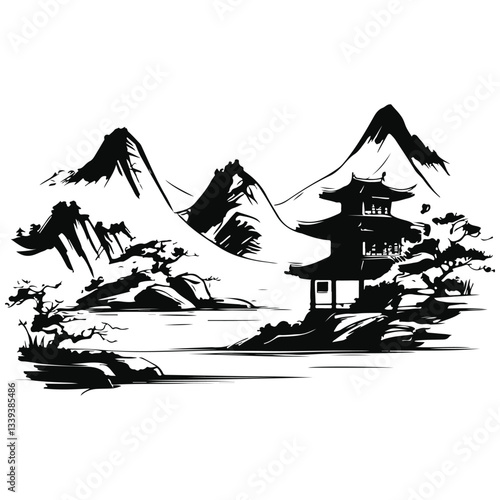 asian landscape with mountains sketch illustration