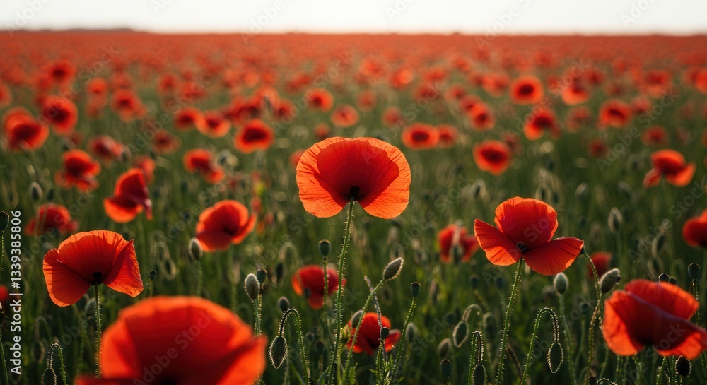 Fototapeta premium Red Poppy Field Blooming in Summer Sunlight Nature Background