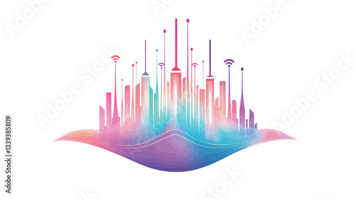 The image depicts a stylized cityscape rendered in a vibrant, abstract style.  The city skyline is composed of various building silhouettes, varying in height and density, suggesting a bustling
