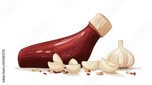 A digital illustration depicting a tilted bottle of red sauce, possibly ketchup, resting on a white background.  Several garlic cloves and a scattering of red and brown spices are arranged around