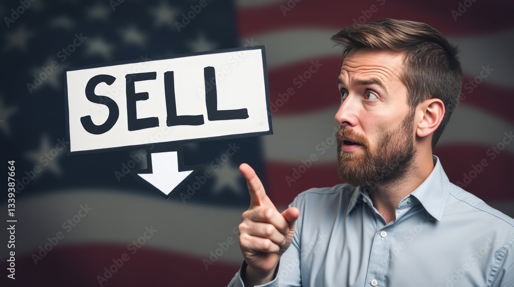 Concerned Man Pointing at “SELL” Graphic with Downward Arrow Concerned Man Pointing at “SELL” Graphic with Downward Arrow