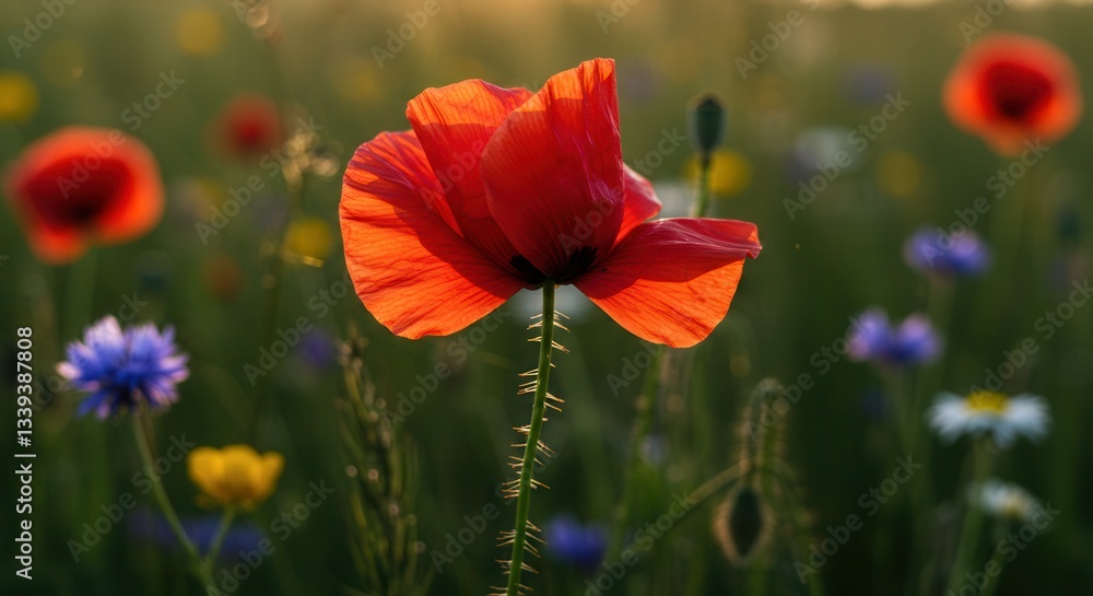 Obraz premium Red Poppy Flower Blooming in a Meadow at Sunset with Warm Light