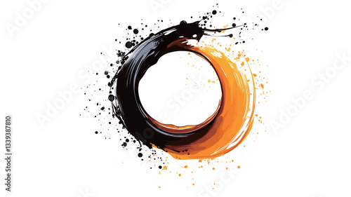 The image presents an abstract composition featuring a circular form created by black and orange paint strokes. The black paint appears thicker and more textured, while the orange paint is more