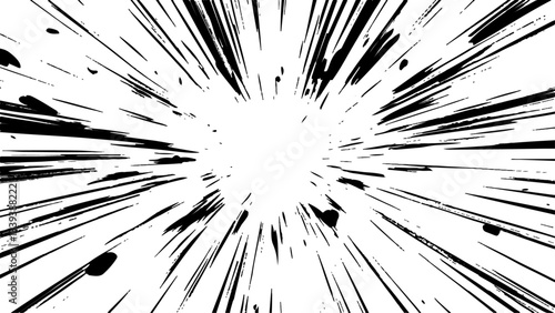 Bokeh black lines on white transparent background. Vector circular starburst explosion texture. Distressed uneven grunge background, cover template set with comic speed line effect.