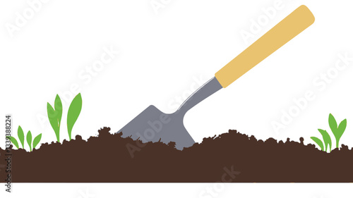 A digital illustration depicting a grey garden trowel with a yellow wooden handle inserted into dark brown soil.  Small green sprouts or seedlings are visible on either side of the trowel. The