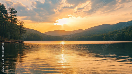 Wallpaper Mural A peaceful lake at dusk, where the last rays of the sun create a mesmerizing gradient of warm colors across the sky and water Torontodigital.ca