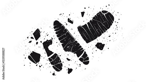 A high-contrast black and white vector illustration depicting a footprint disintegrating into fragments. The footprint is rendered in a bold, solid black, while the fragments are scattered around