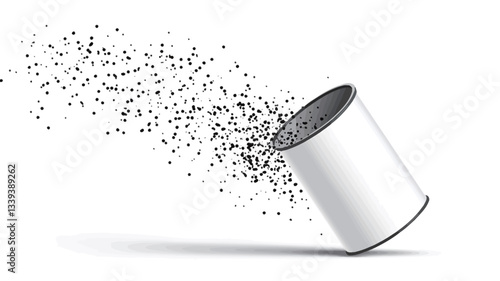 A 3D rendering of a white cylindrical container from which small, dark grey particles are emanating and dispersing. The cylinder is tilted slightly to the right.  The background is white with a