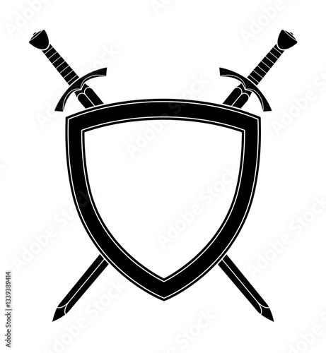 classic medieval european twin crossed realistic swords with shield armor heraldry black symbol vector isolated on transparent background