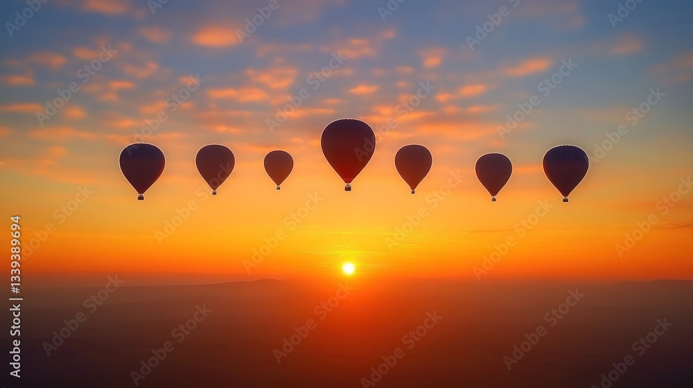 Fototapeta premium Six Hot Air Balloons Soaring at Sunrise