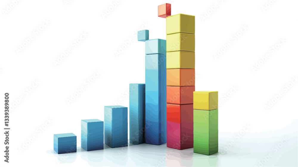 The image shows a stylized 3D bar graph rendered with colorful blocks. The blocks are various shades of blue, green, yellow, red, and orange. The bars increase in height from left to right,