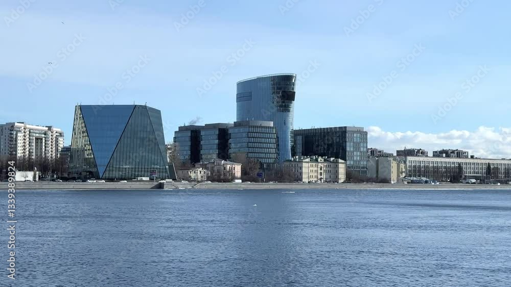 Modern Skyline of Saint Petersburg Plaza Against the Neva River on a Clear Day, business center Modern Skyline of Saint Petersburg Plaza Against the Neva River on a Clear Day, business center