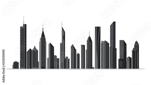 The image depicts a stylized silhouette of a city skyline against a white background.  The skyline is composed of various heights and widths of buildings, represented in shades of gray, creating a