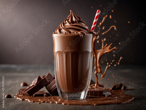 cold chocolate, poster of a rich chocolate milkshake including splashes, product photography, poster background