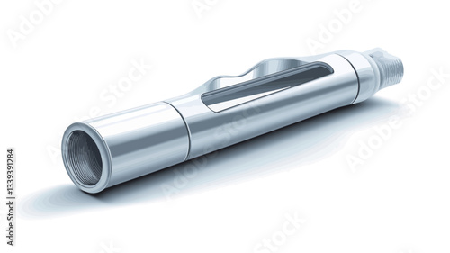 The image shows a 3D render of a metallic, cylindrical component.  The cylinder has a smooth, reflective surface and a chrome-like finish.  A rectangular cutout is visible in the center of the